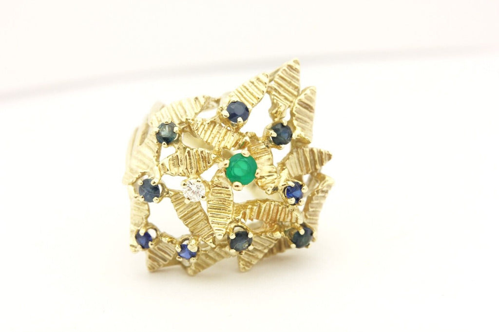 14k yellow gold cocktail lear ring diamond sapphire chyrsoprase size 6 7.39g