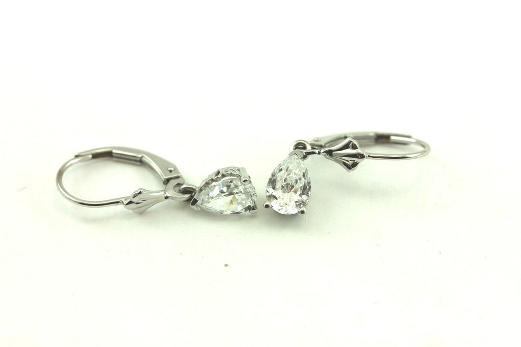 14k white gold 7.5mm CZ pear dangle earrings scroll fleur de lis leverback NEW