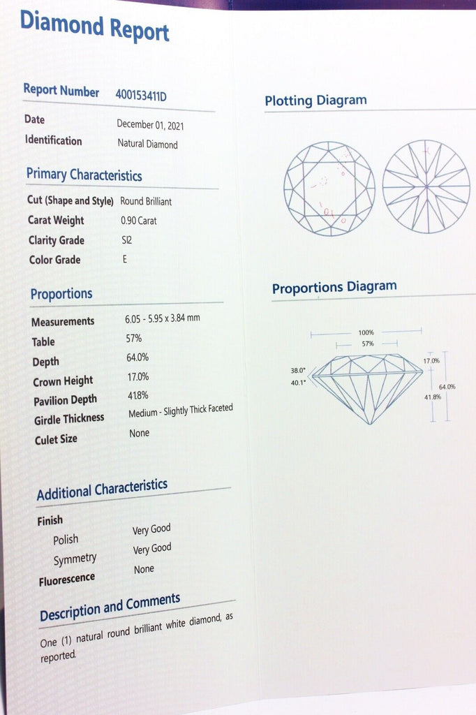 natural diamond loose round brilliant cut 0.90 carat E SI2 EGLUSA 6mm new