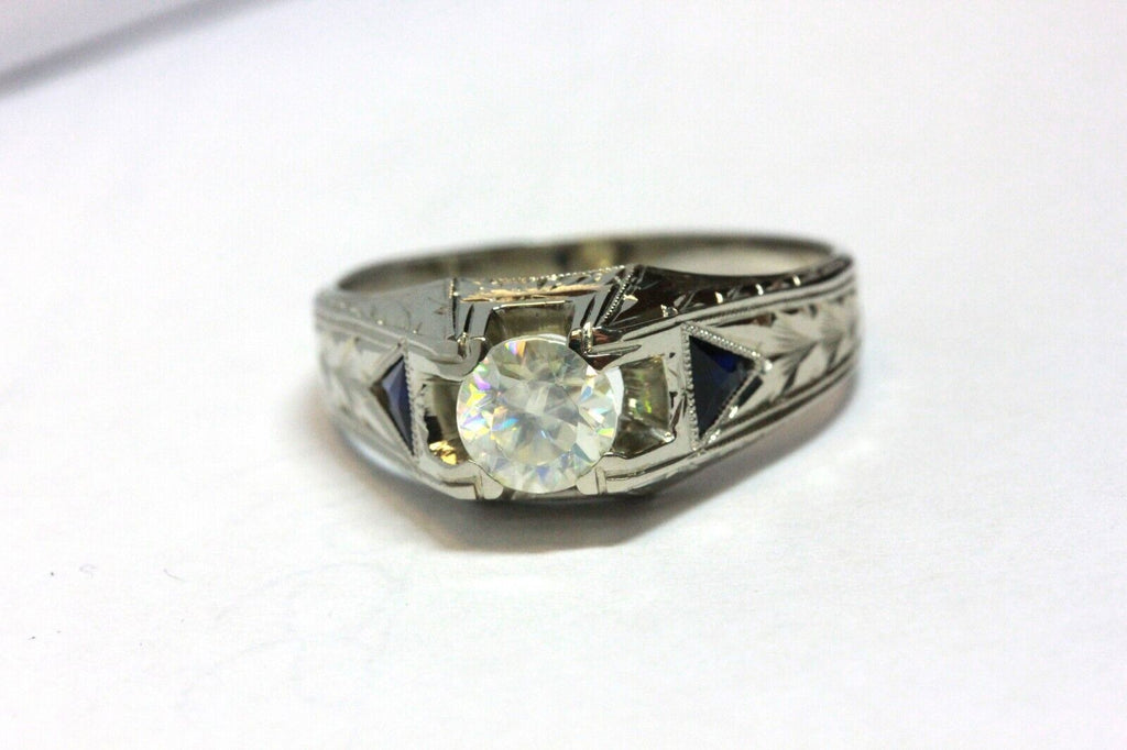 18k white gold man's ring strontium titanate triangle lab sapphires 7.3g size 10