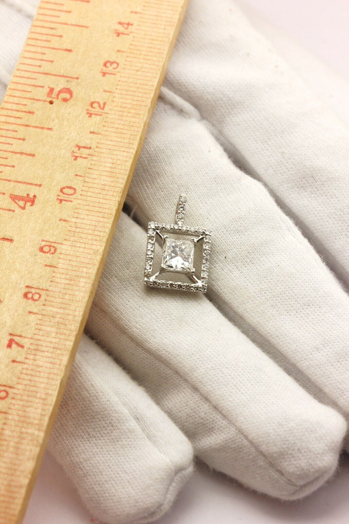 14k white gold GIA 1.01ct princess diamond 0.35ctw square halo box pendant 1.6g
