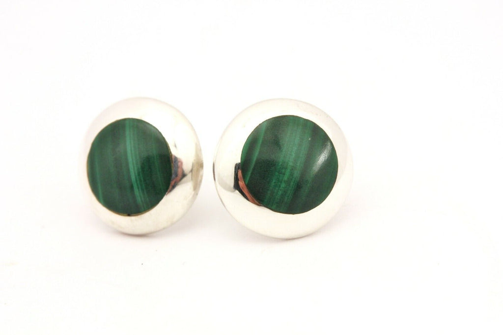 925 sterling silver 12mm stud earrings green malachite 2.25g vintage estate