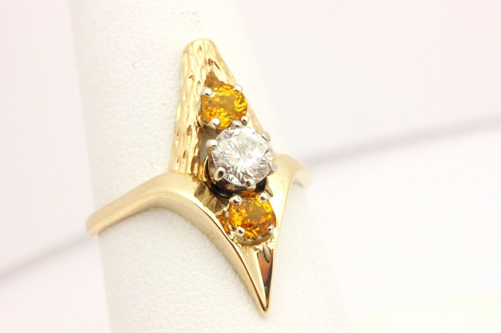 14k yellow gold three stone ring diamond golden sapphire size 7.5 3.46g vintage