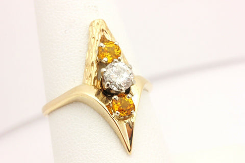 14k yellow gold three stone ring diamond golden sapphire size 7.5 3.46g vintage