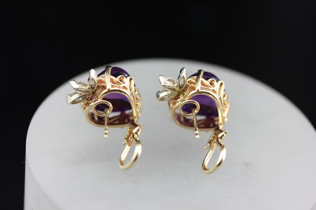 14k yellow gold purple amethyst heart diamond omega pierced earrings estate