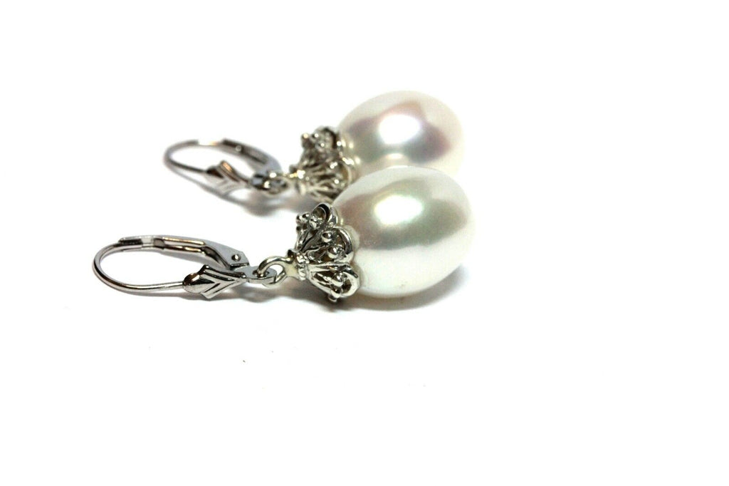 14k white gold 925 sterling silver 14mm drop freshwater pearl leverback earrings