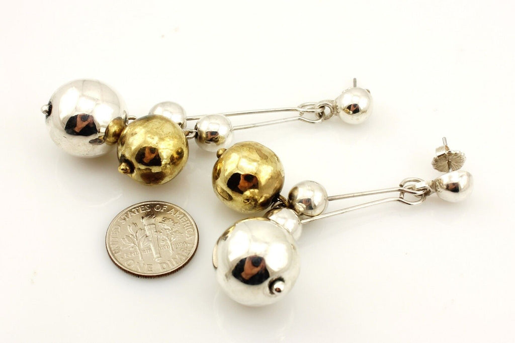 vintage estate silver brass balls dangle drop pierced earrings 2.75 inch 18.84g