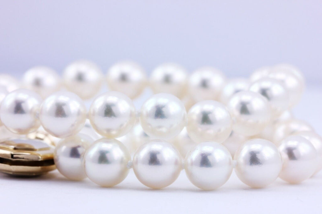 Akoya pearl strand necklace 8mm 18 inch round white 7.5-8m 14k gold clasp estate