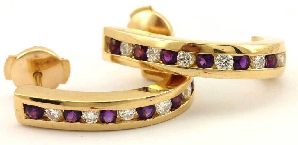 14k yellow gold round diamond amethyst 0.72ctw half-hoop huggie earrings estate