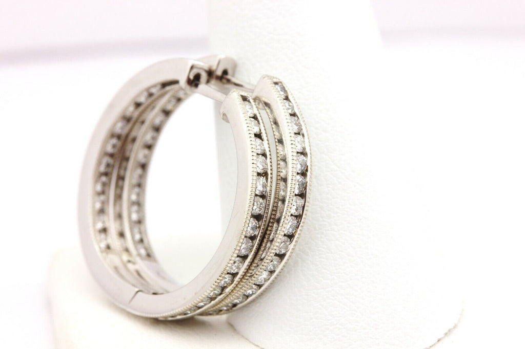 14k white gold 1.04ctw round diamond inside outside hoop earrings 2mm 1" estate