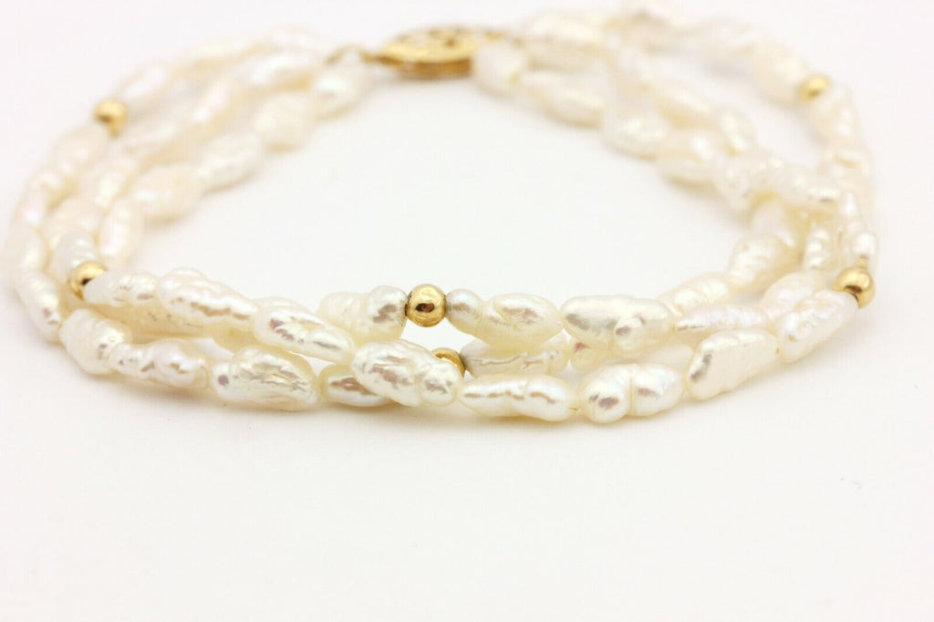 14k yellow gold 6.75 inch rice pearl bracelet gold stations 8.4g vintage estate