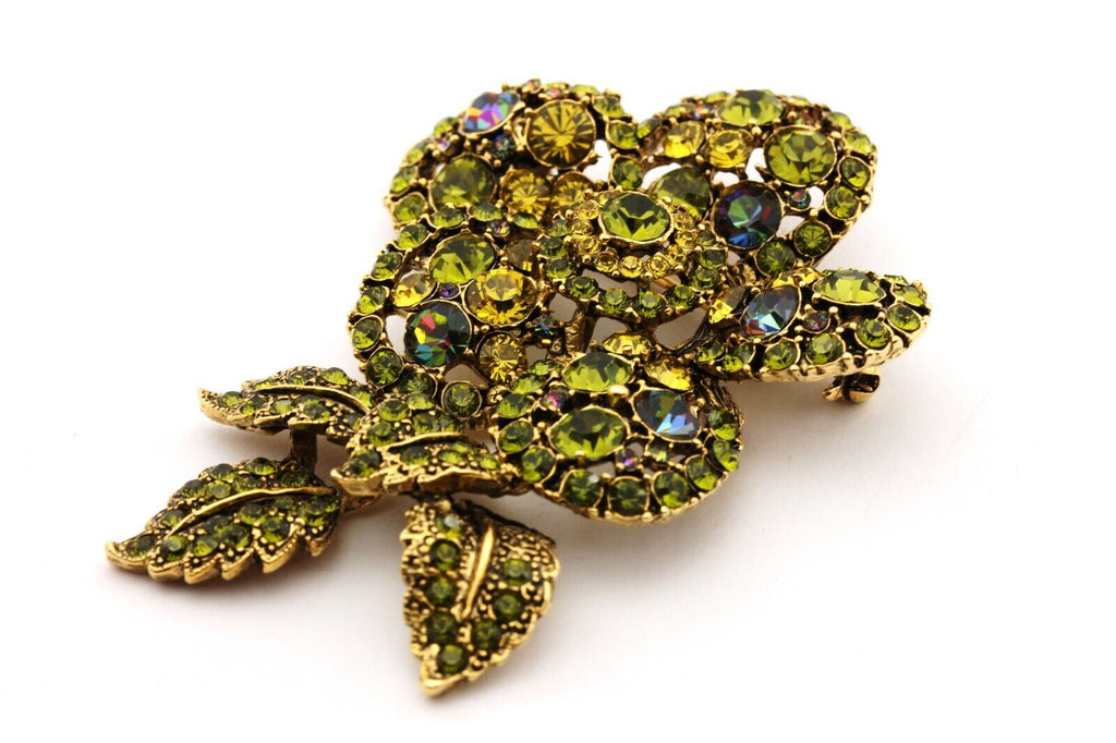 costume fashion green crystal rhinestone flower pin brooch 29.8g 3 inch vintage