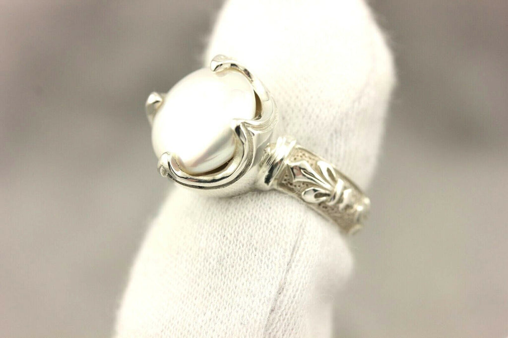 Ring sterling silver platinum alloy Pilver white button pearl fleur de lis NEW