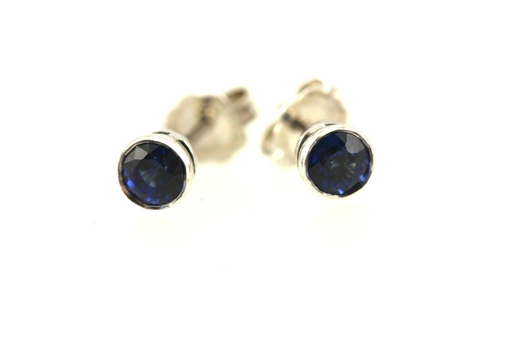 14k white gold 4mm round blue sapphire bezel stud earrings .56ctw estate