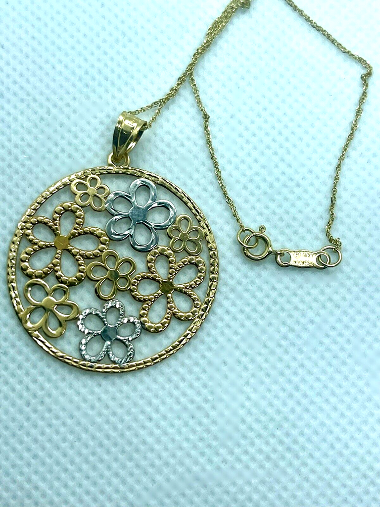 14k yellow gold flower pendant necklace rope chain 18'' spring ring 2.9g estate
