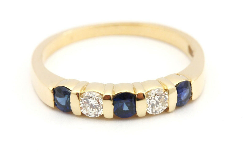 14k yellow gold 0.19ctw diamond 0.31ctw blue sapphire ring band size 5.5 2.37g