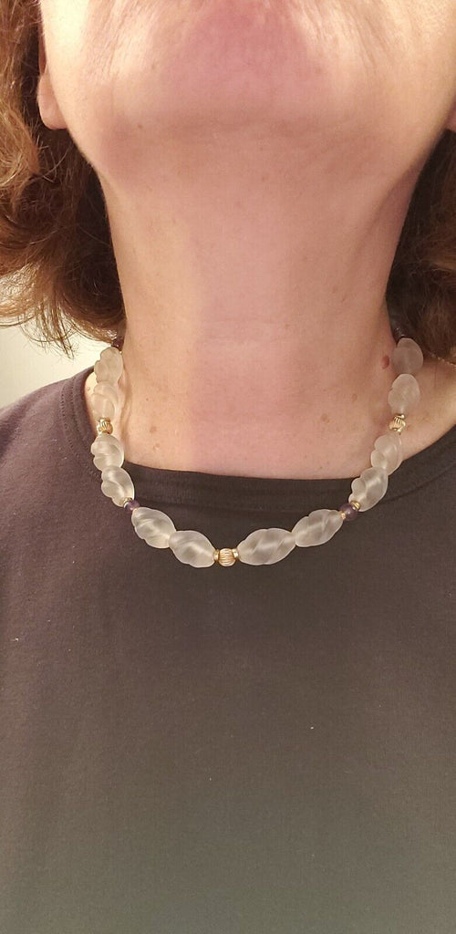 Frosted Satin white beads 16" with 14k balls, 14k clasp purple beads necklace