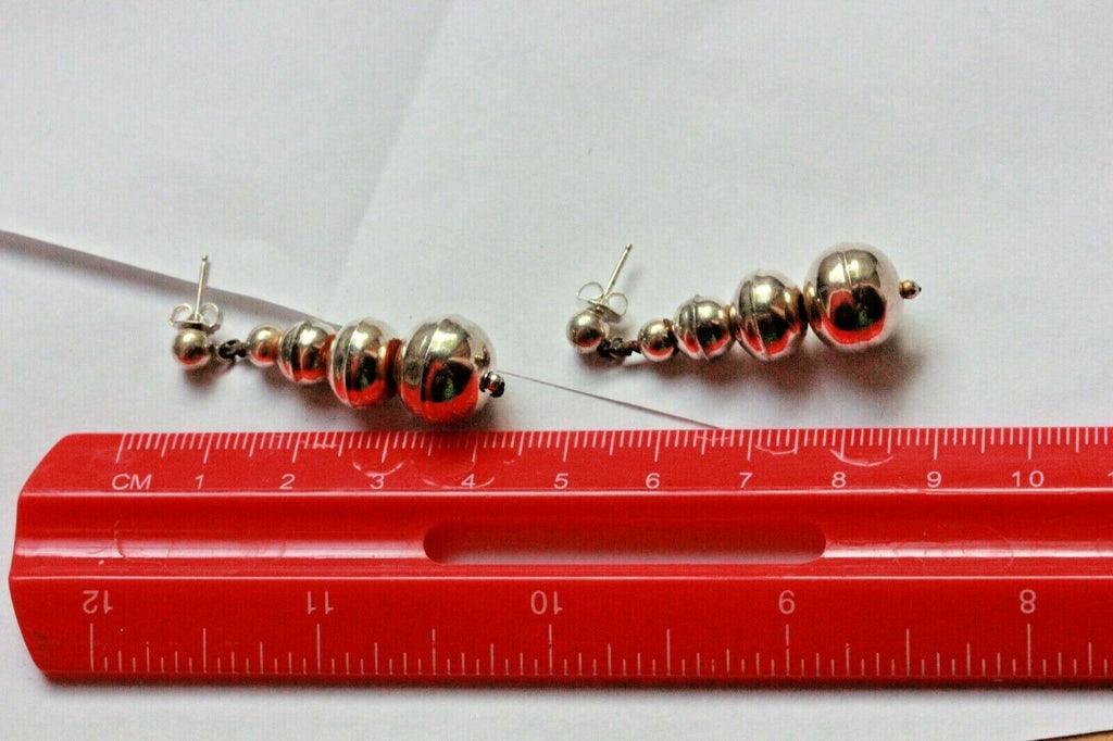 silver drop dangle earrings 2.5 inch graduated hollow beads 3 to12 mm 5.3g stud