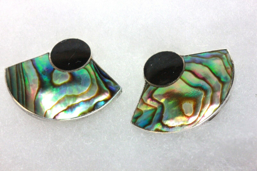 925 sterling silver abalone shell black onyx half moon stud earrings vintage 4g