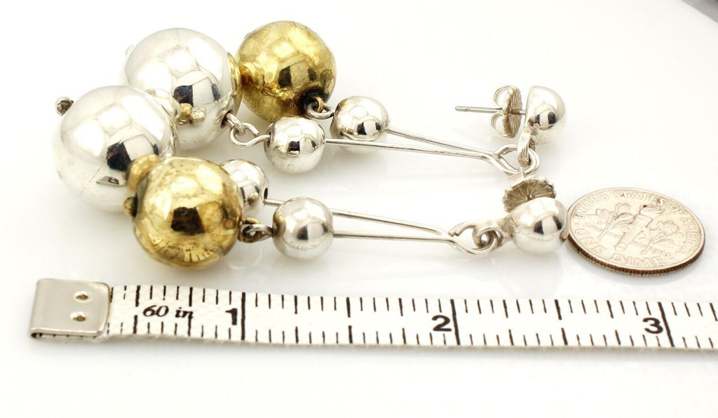 vintage estate silver brass balls dangle drop pierced earrings 2.75 inch 18.84g