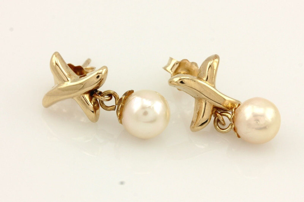 14k yellow gold X 28mm dangle earrings 6.3 - 6.6 mm round cultured pearls estate