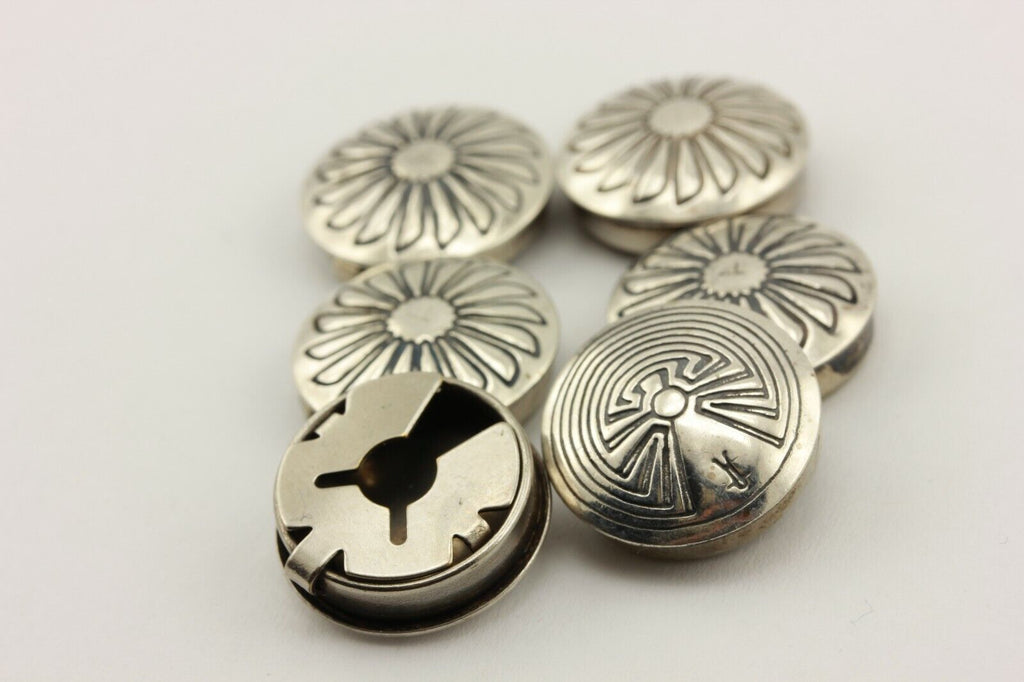 6 six silver nickel buttons 1960s Native American Zuni estate vintage 20.8g 19mm