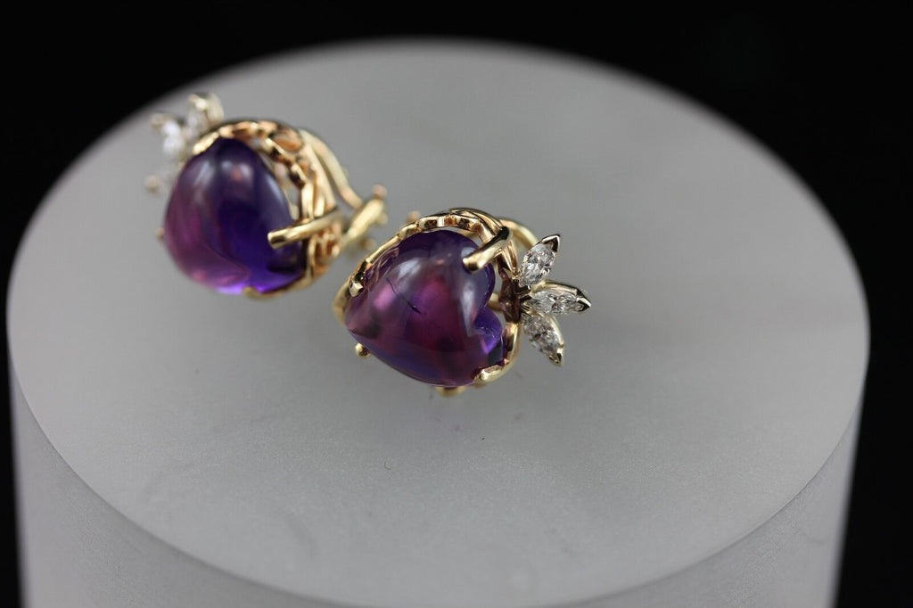 14k yellow gold purple amethyst heart diamond omega pierced earrings estate