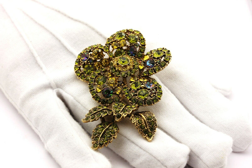 costume fashion green crystal rhinestone flower pin brooch 29.8g 3 inch vintage