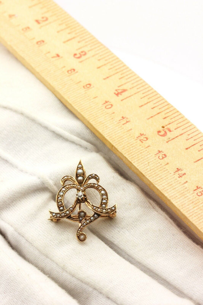 14k yellow gold fleur de lis pendant pin brooch diamond pearl 3.03g vintage