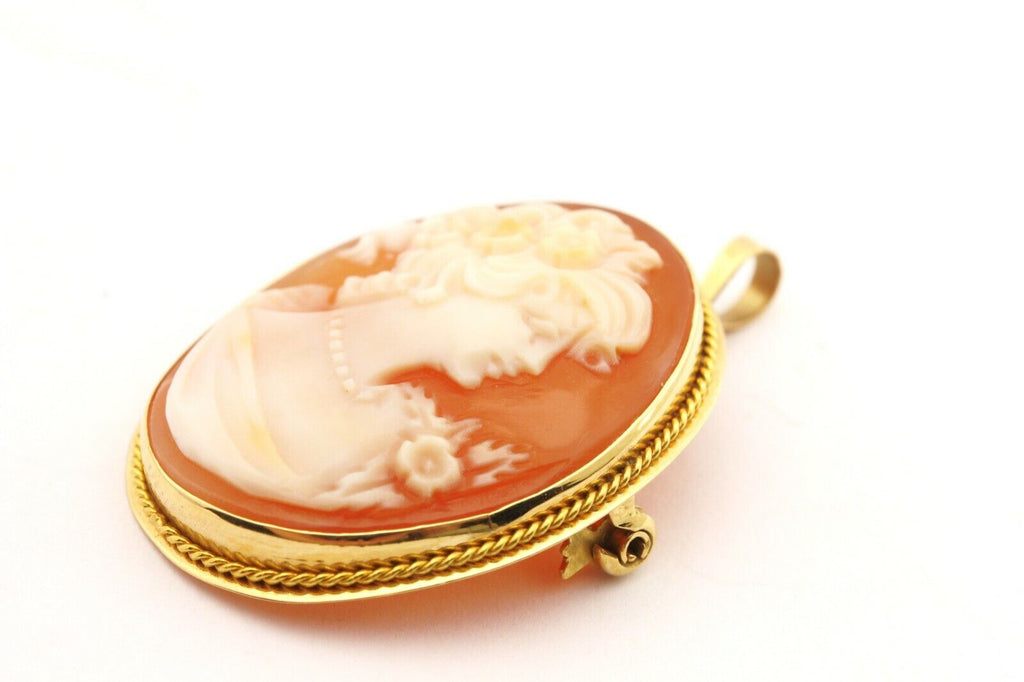 Italy 18k yellow gold 1 inch shell cameo pendant pin brooch 3.8g vintage estate