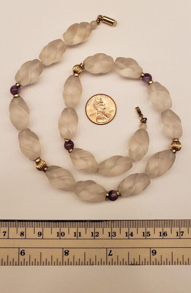 Frosted Satin white beads 16" with 14k balls, 14k clasp purple beads necklace