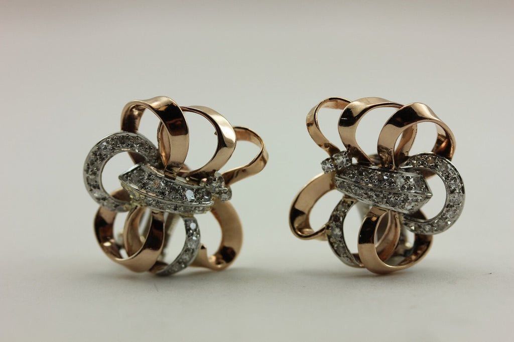 Estate Platinum 10k Rose gold .86ctw diamond butterfly clip on earrings vintage