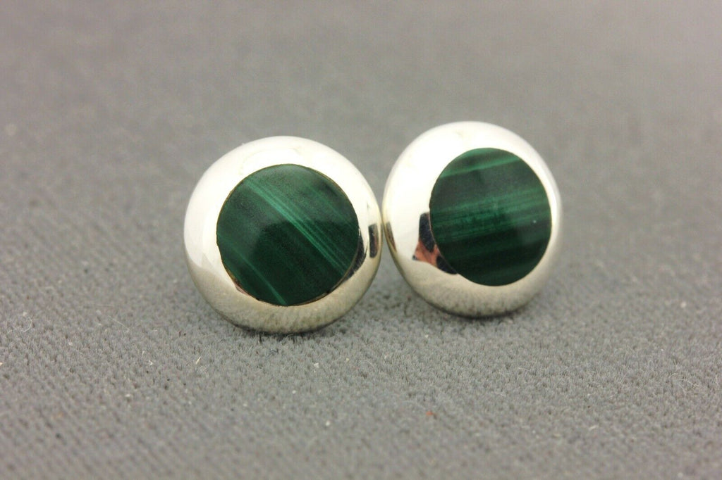 925 sterling silver 12mm stud earrings green malachite 2.25g vintage estate
