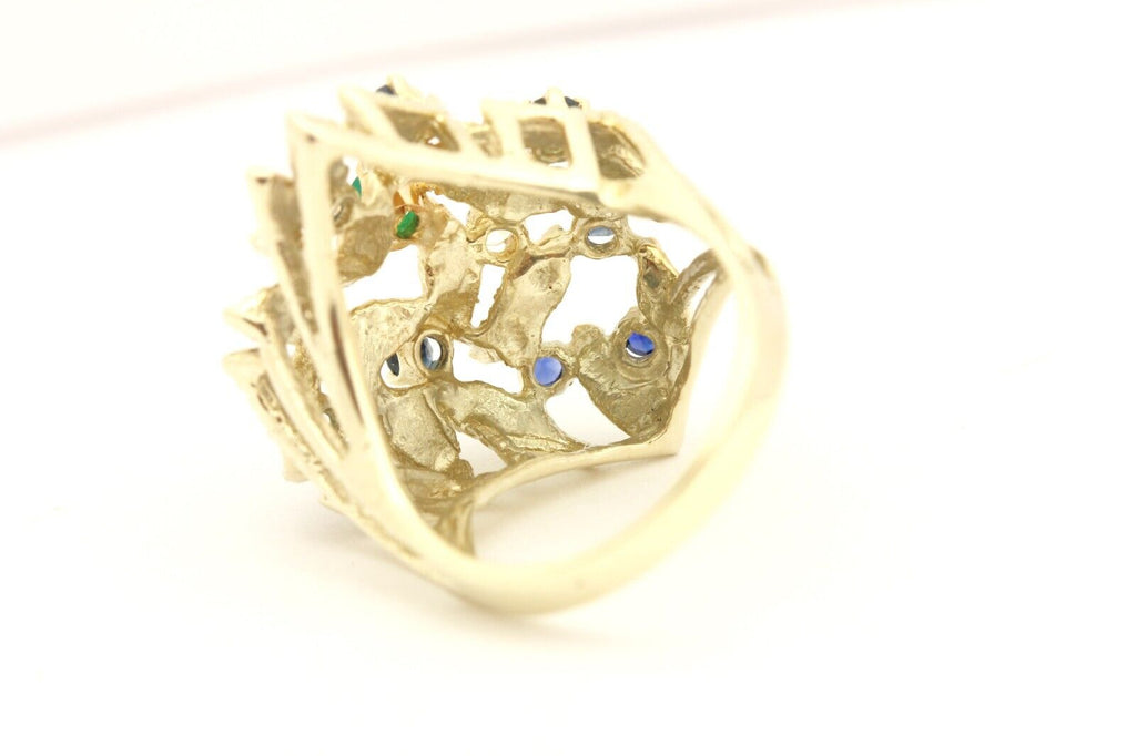 14k yellow gold cocktail lear ring diamond sapphire chyrsoprase size 6 7.39g