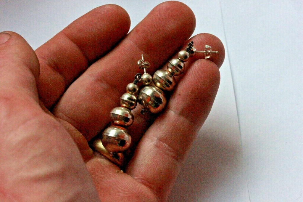 silver drop dangle earrings 2.5 inch graduated hollow beads 3 to12 mm 5.3g stud