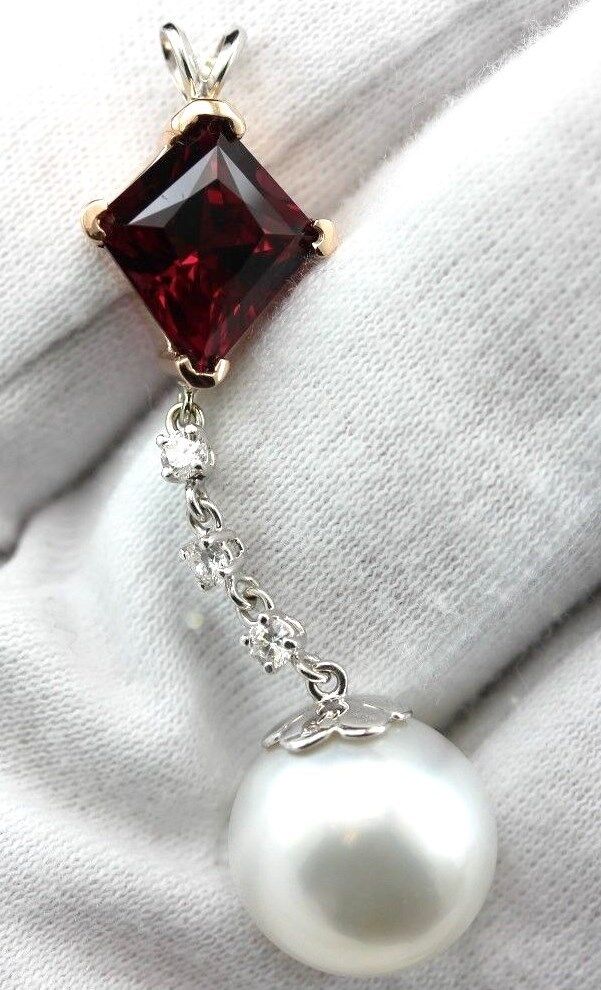 14k rose white gold red Spinel South Sea cultured pearl diamond dangle pendant