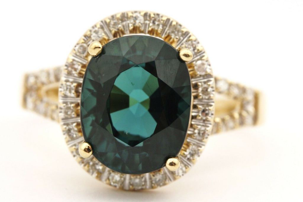 14k yellow gold blue indicolite tourmaline diamond halo ring size 6.25 4.08g