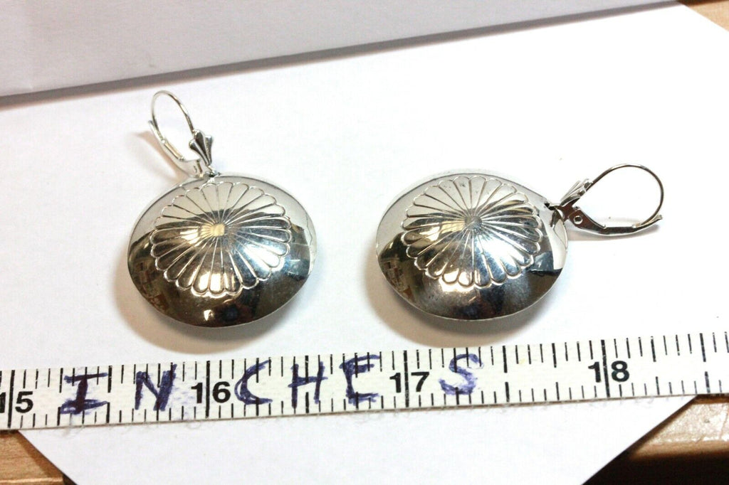 925 sterling silver sunflower round puffed disc 25mm earrings leverback 1970s 8g