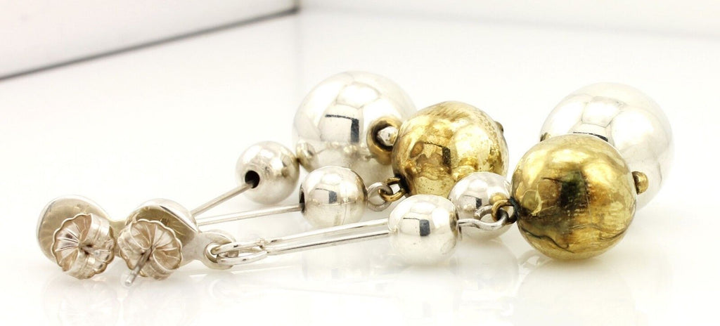 vintage estate silver brass balls dangle drop pierced earrings 2.75 inch 18.84g