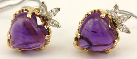 14k yellow gold purple amethyst heart diamond omega pierced earrings estate