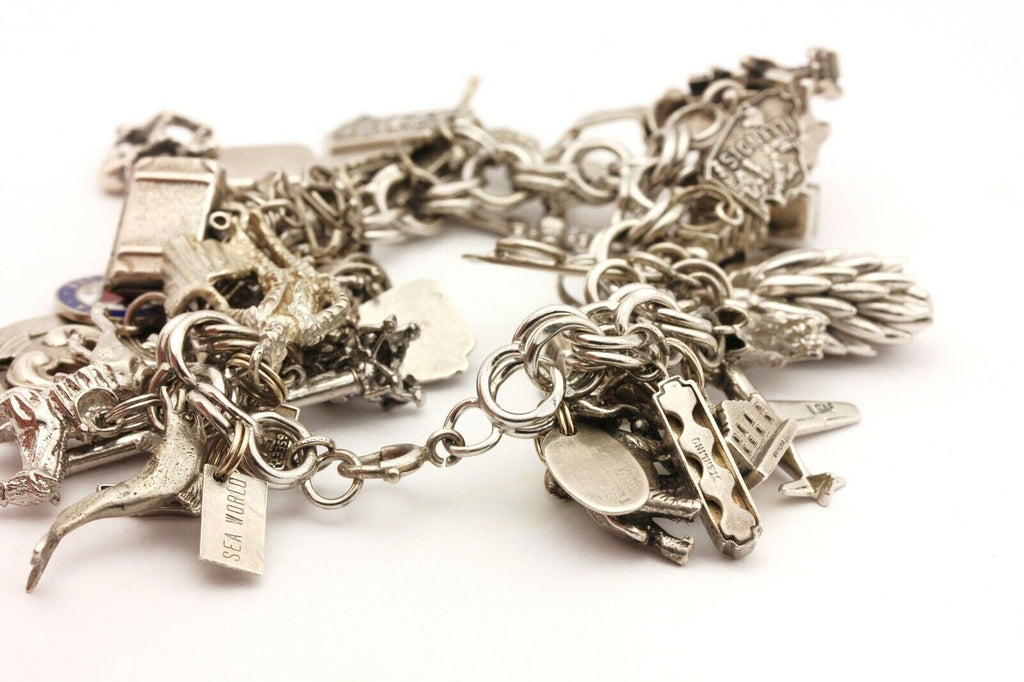925 sterling silver 108.6g 37 charms 7.5 inch bracelet estate vintage travel