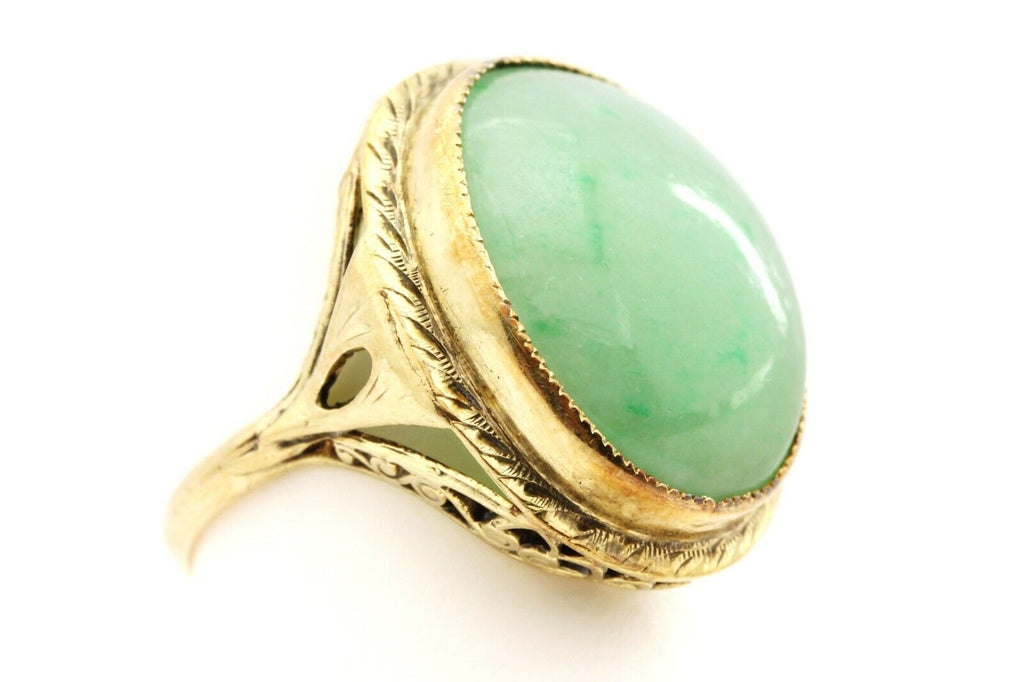 14k yellow gold oval green chalcedony vintage antique ring size 5.75 6.7g