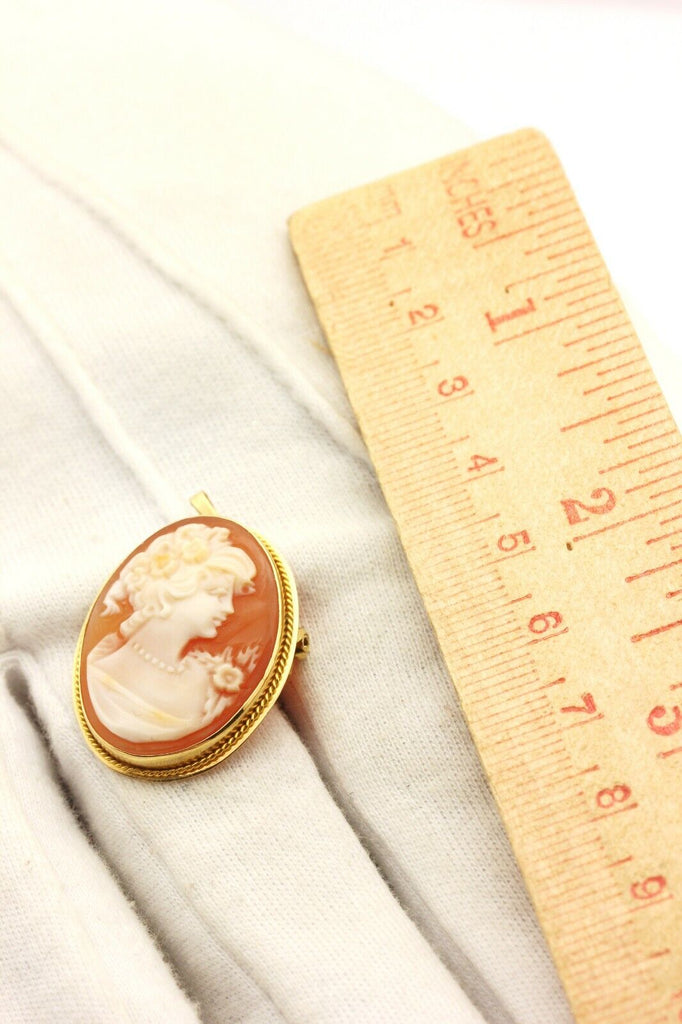 Italy 18k yellow gold 1 inch shell cameo pendant pin brooch 3.8g vintage estate
