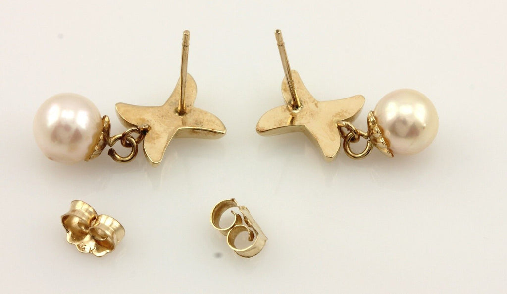 14k yellow gold X 28mm dangle earrings 6.3 - 6.6 mm round cultured pearls estate