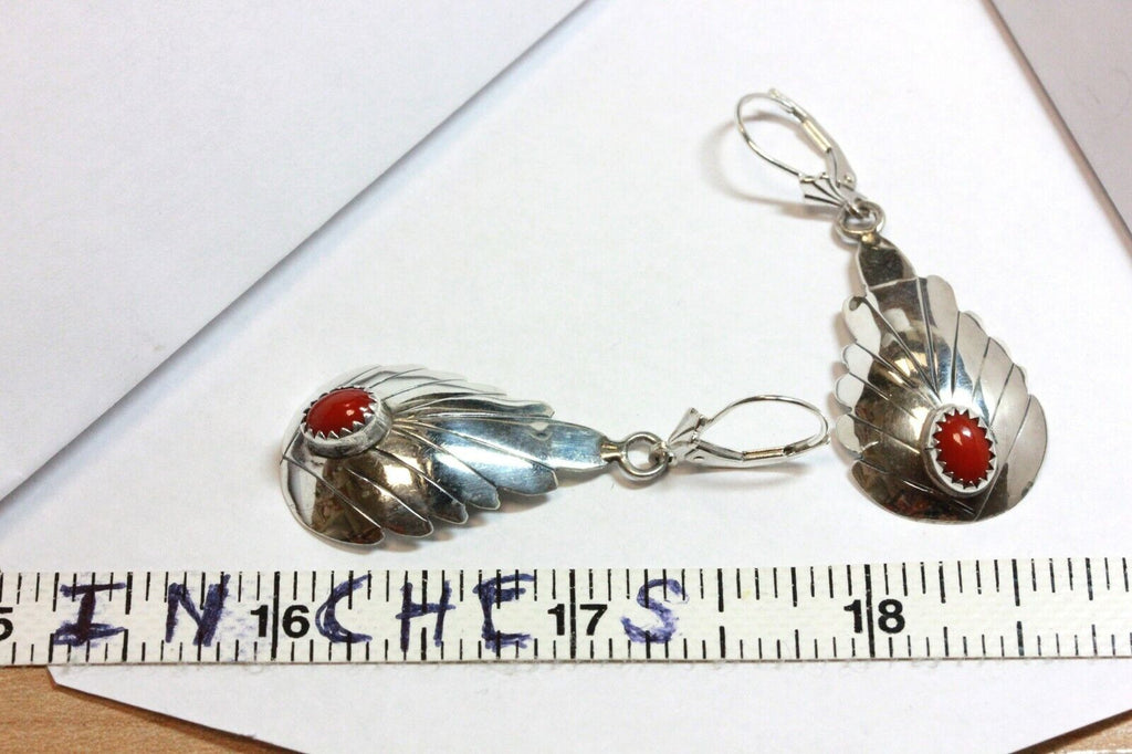 Sterling Silver drop dangle earrings red coral 1970s leverback fastening 5.2g