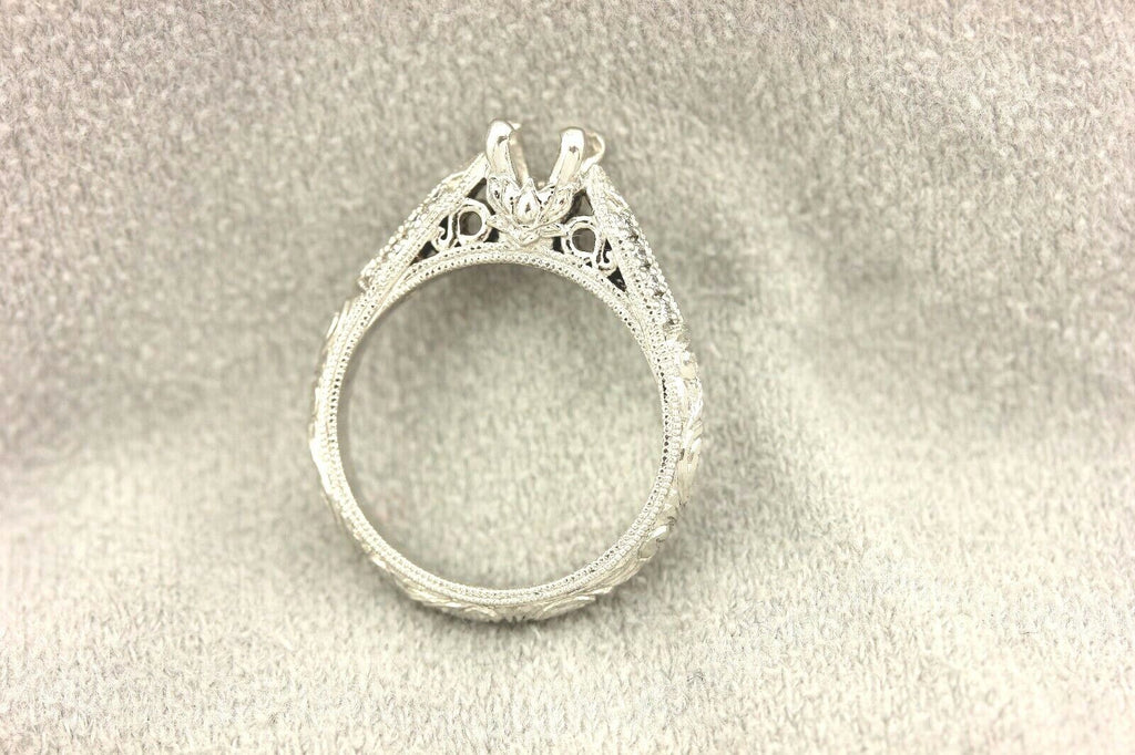 Platinum engagement ring cathedral semi mount lotus engraved diamond accents