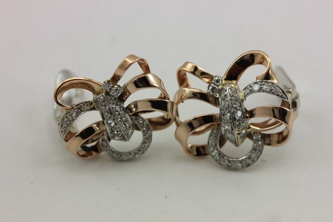 Estate Platinum 10k Rose gold .86ctw diamond butterfly clip on earrings vintage