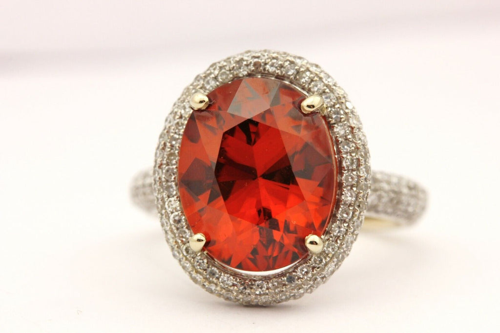 14k white gold orange spessartine garnet round diamond halo ring size 7 7.67g