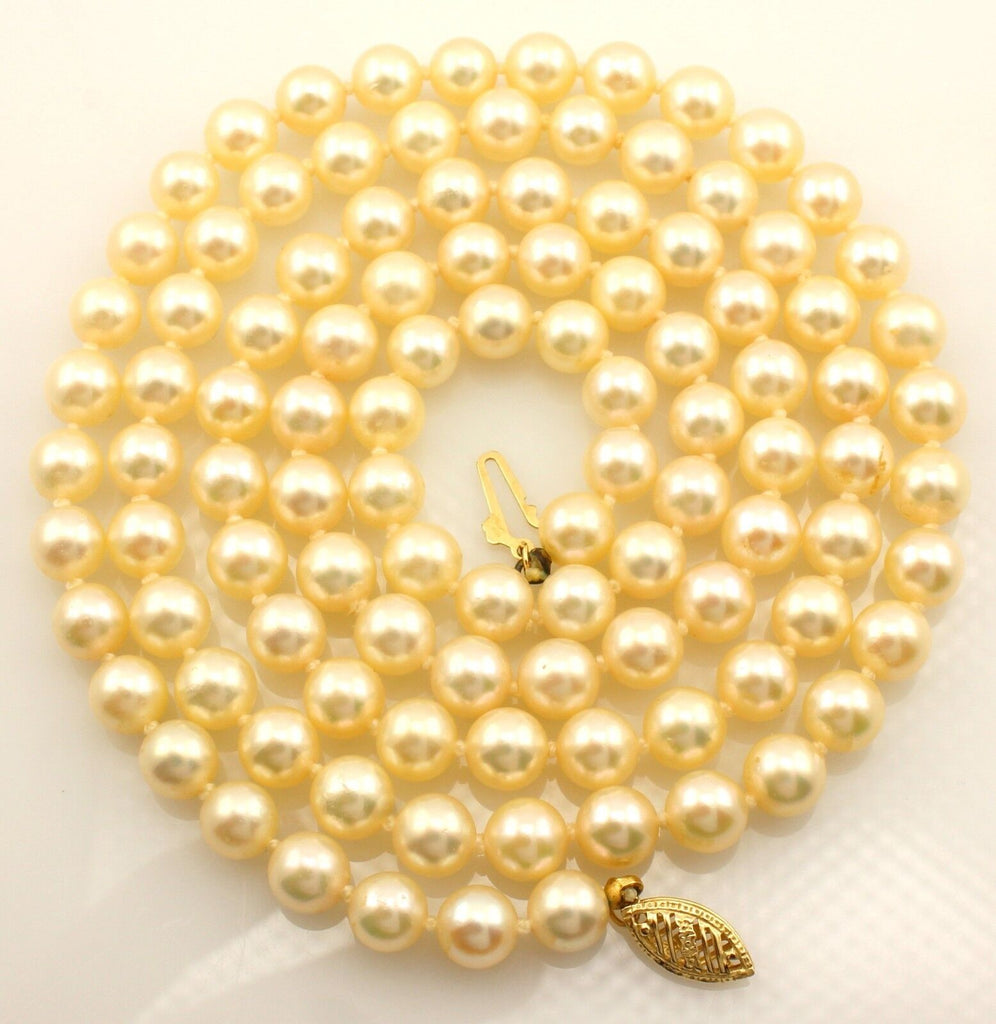 14k yellow gold 30" 6 - 6.5mm round cream cultured pearl strand necklace estate