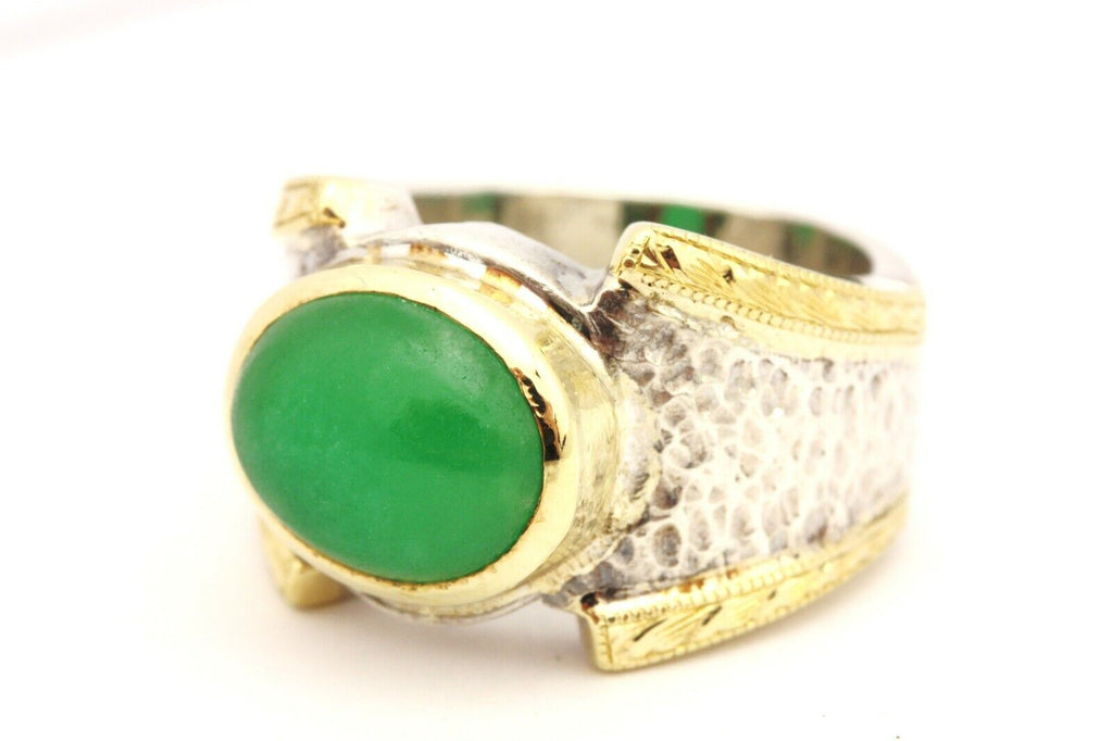 DURAN 18k yellow gold sterling silver dyed green jadeite jade ring size 9 26g